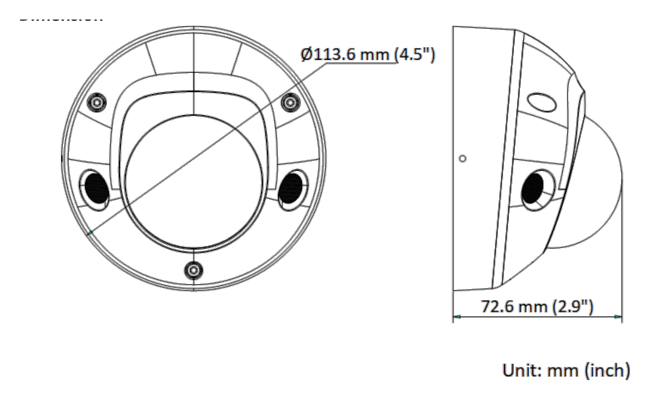 DS-2CD3547G2-LS-C 外形尺寸圖 Ø 113.6 mm × 72.6 mm (Ø 4.5" × 2.9")｜重量 Approx. 400 g (0.9 lb.)｜Unit: mm