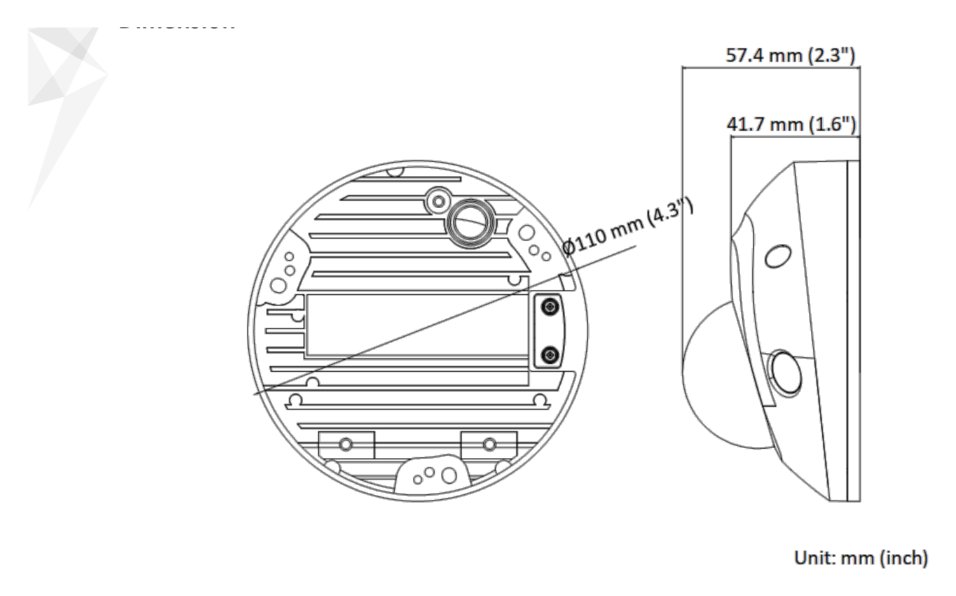 DS-2CD3556G2-IS-C 外形尺寸圖 Ø 110 mm × 57.4 mm (Ø 4.3" × 2.3")｜重量 Approx. 385 g (0.8 lb.)｜Unit: mm