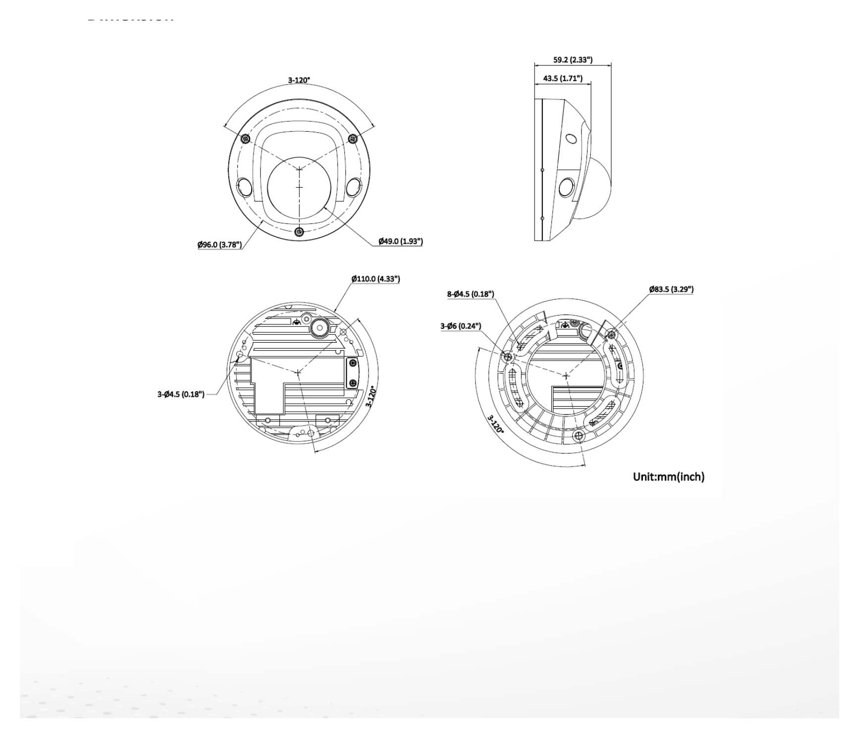 DS-2CD3563G2-LIS 外形尺寸圖 Ø 110 mm × 59.2 mm (Ø 4.33" × 2.33")｜重量 Approx. 390 g (0.86 lb.)｜Unit: mm