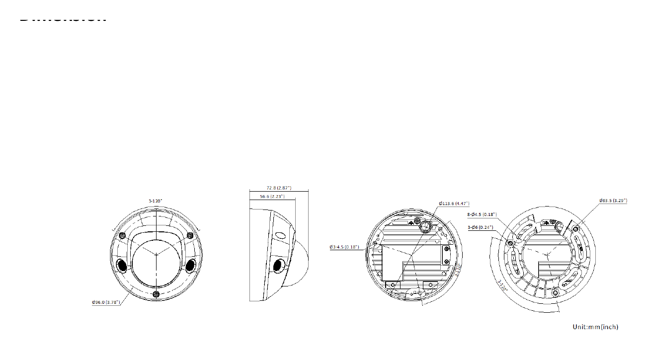 DS-2CD3583G2-IS-B 外形尺寸圖 Ø 113.6 mm × 72.6 mm (Ø 4.5" × 2.9")｜重量 Approx. 410 g (0.9 lb.)｜Unit: mm