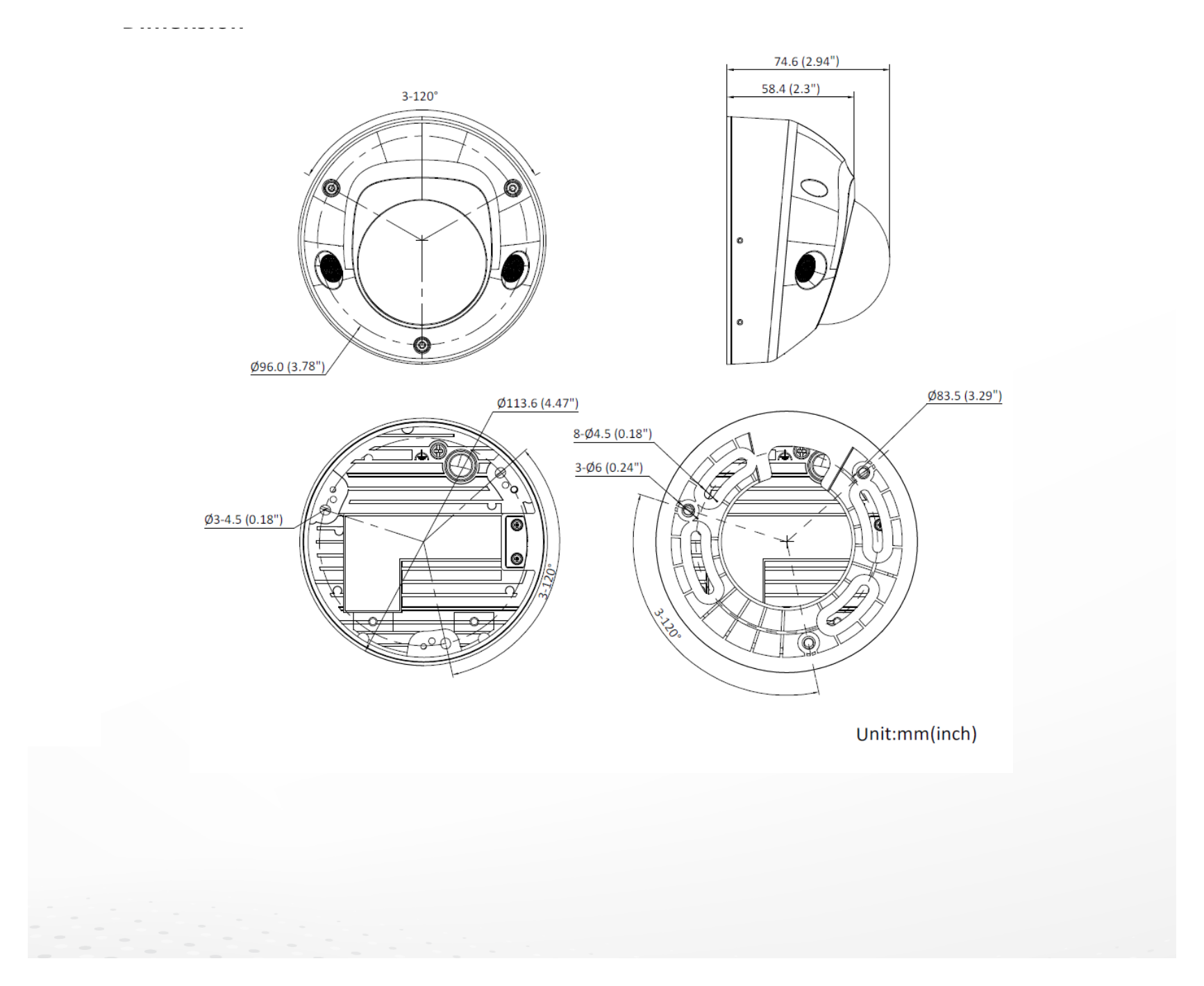 DS-2CD3583G2-LIS 外形尺寸圖 Ø 113.6 mm × 74.6 mm (Ø 4.47" × 2.94")｜重量 Approx. 430 g (0.95 lb.)｜Unit: mm
