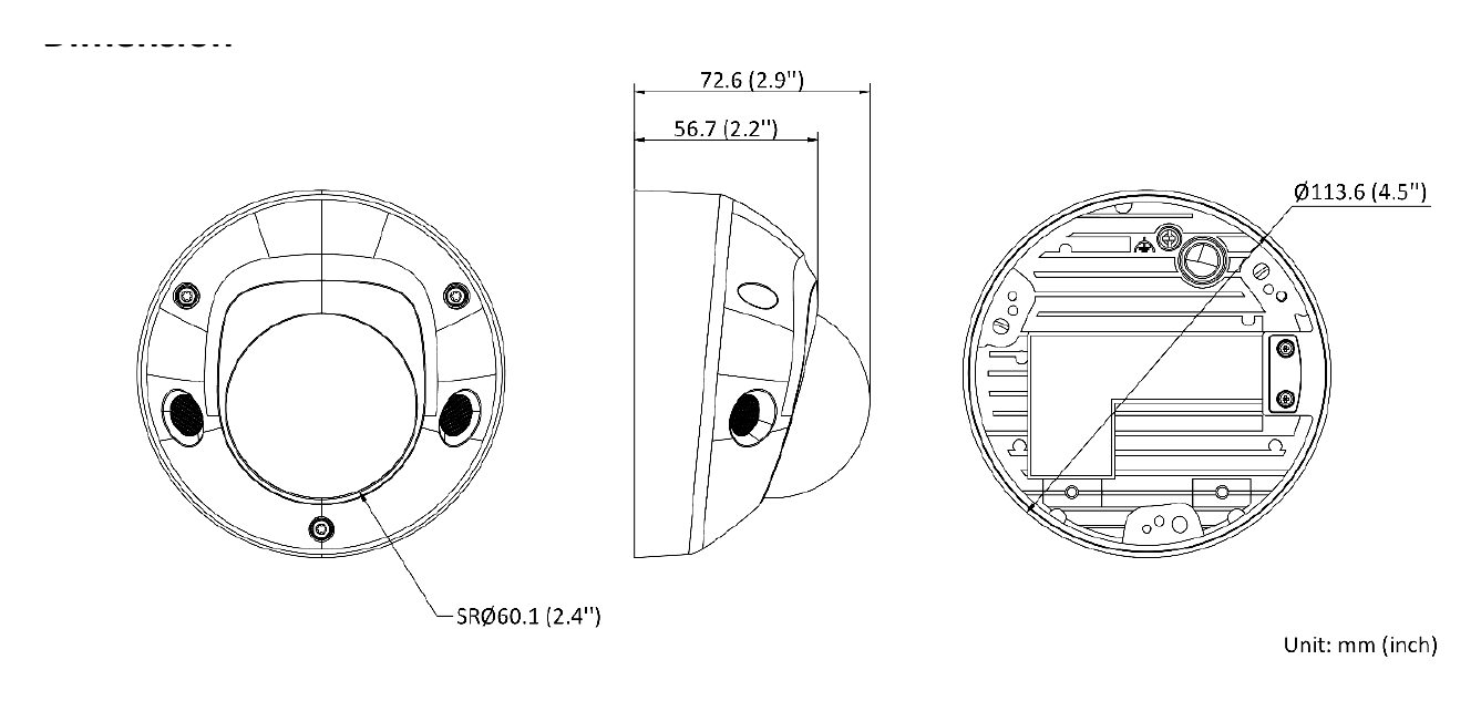 DS-2CD3586G2-IS-H 外形尺寸圖 Ø 113.6 mm × 72.6 mm (Ø 4.5" × 2.9")｜重量 Approx. 415 g (0.9 lb.)｜Unit: mm