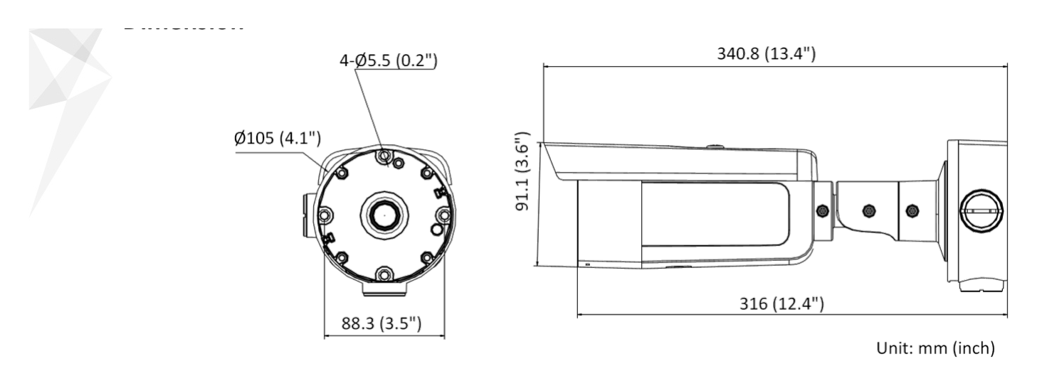 DS-2CD3626G2T-IZS-C 外形尺寸圖 Ø 105 mm × 340.8 mm (Ø 4.1" × 13.4")｜重量 Approx. 1335 g (2.9 lb.)｜Unit: mm