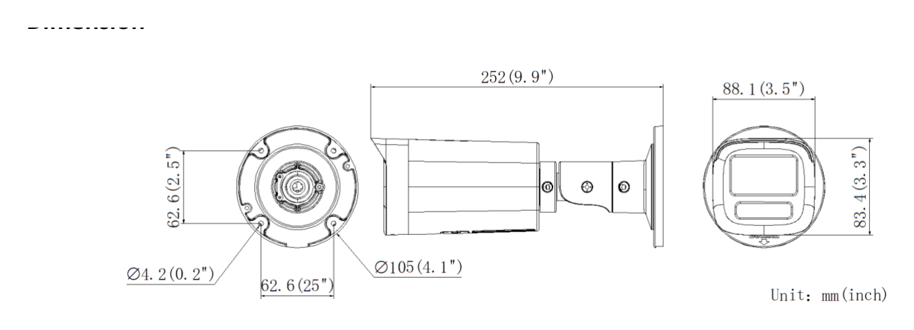 DS-2CD3641G2-IZS 外形尺寸圖 Ø 105 mm × 252 mm (Ø 4.1" × 9.9")｜重量 Approx. 962 g (2.21 lb.)｜Unit: mm