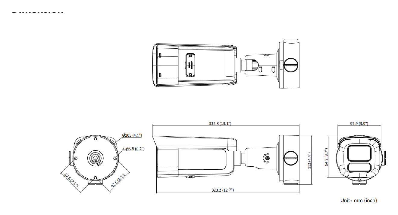 DS-2CD3646G2T/P-IZSY 外形尺寸圖 Ø 105 mm × 332.8 mm (Ø 4.1" × 13.1")｜重量 Approx. 1485 g (3.27 lb.)｜Unit: mm