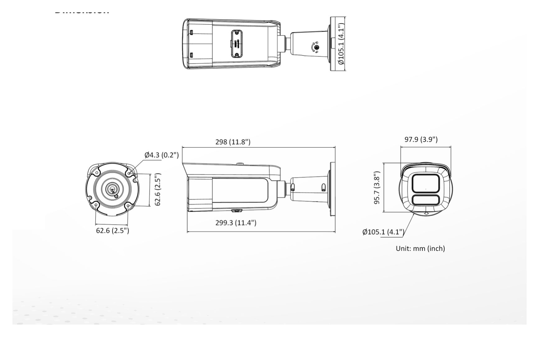DS-2CD3646G3-LIZSUY 外形尺寸圖 298 mm × 97.9 mm × 95.7 mm (11.8" × 3.9" × 3.8")｜重量 Approx. 1555 g (3.4 lb.)｜Unit: mm