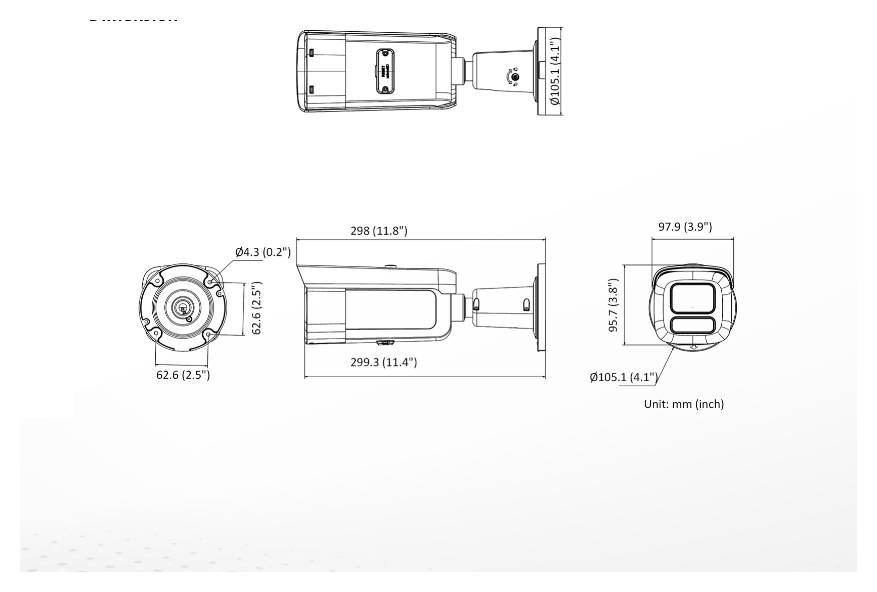 DS-2CD3646G3T-LIZSUY 外形尺寸圖 298 mm × 97.9 mm × 95.7 mm (11.8" × 3.9" × 3.8")｜重量 Approx. 1540 g (3.4 lb.)｜Unit: mm