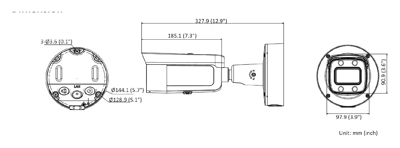 DS-2CD3647G2-LZS-C 外形尺寸圖 327.9 mm × 97.9 mm × 90.9 mm (12.9" × 3.9" × 3.6")｜重量 Approx. 1520 g (3.4 lb.)｜Unit: mm
