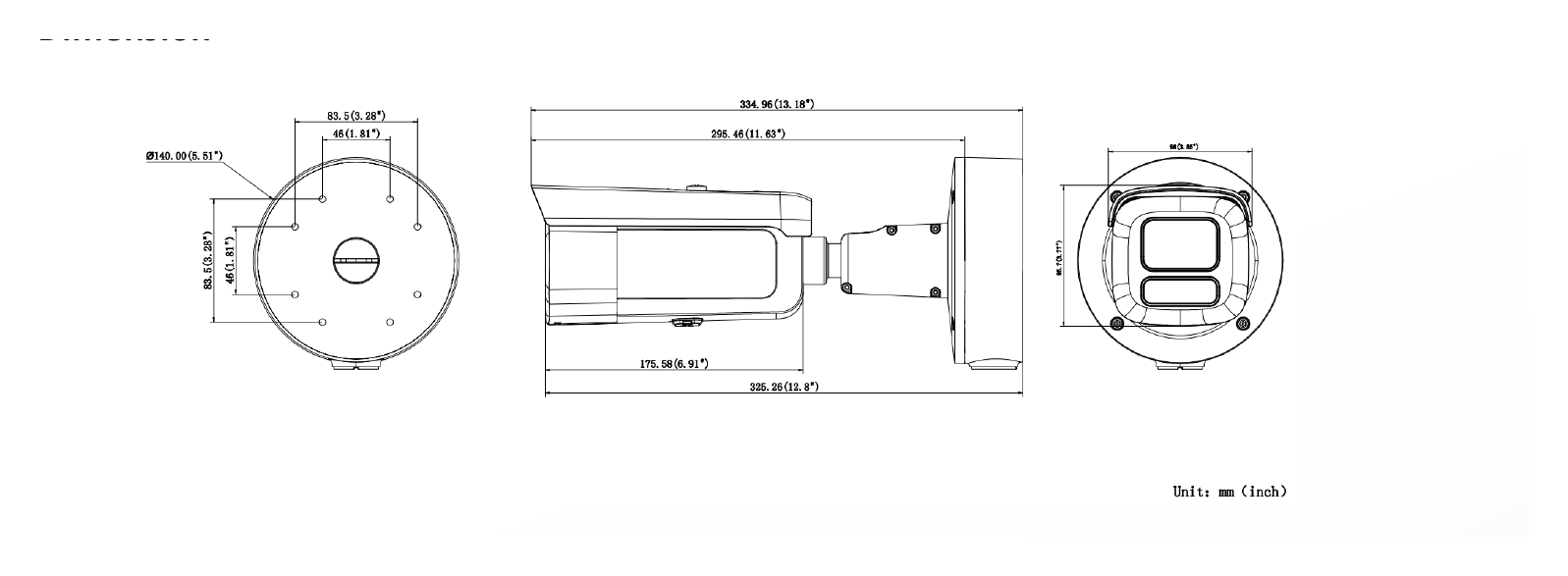 DS-2CD3647G3-LIZSUY 外形尺寸圖 335 mm × 140 mm × 140 mm (13.18" × 5.51" × 5.51")｜重量 Approx. 1555 g (3.4 lb.)｜Unit: mm
