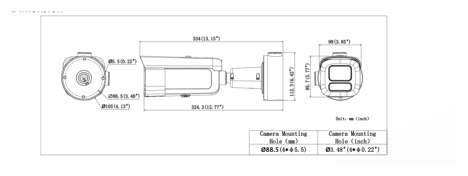 DS-2CD3647G3T-LIZSUY 外形尺寸圖 334 mm × 112 mm × 112 mm (13.15" × 4.42" × 4.42")｜重量 Approx. 1540 g (3.4 lb.)｜Unit: mm