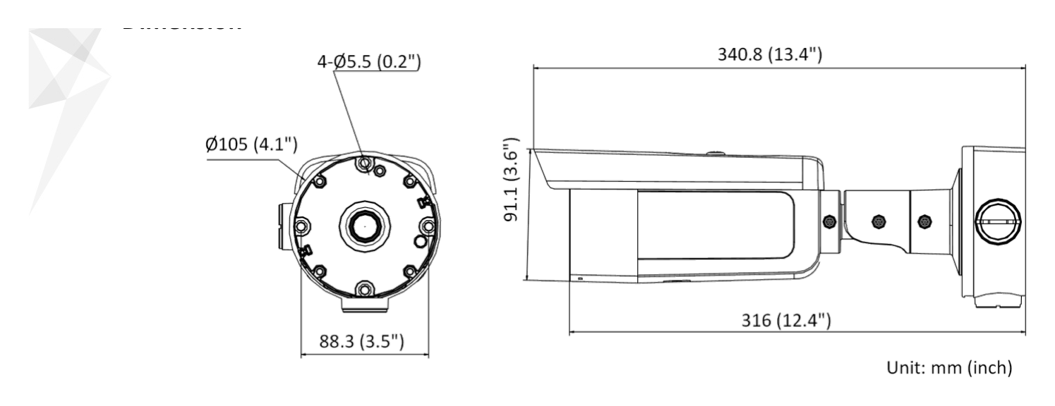 DS-2CD3656G2T-IZS-C 外形尺寸圖 Ø 105 mm × 340.8 mm (Ø 4.1" × 13.4")｜重量 Approx. 1330 g (2.9 lb.)｜Unit: mm