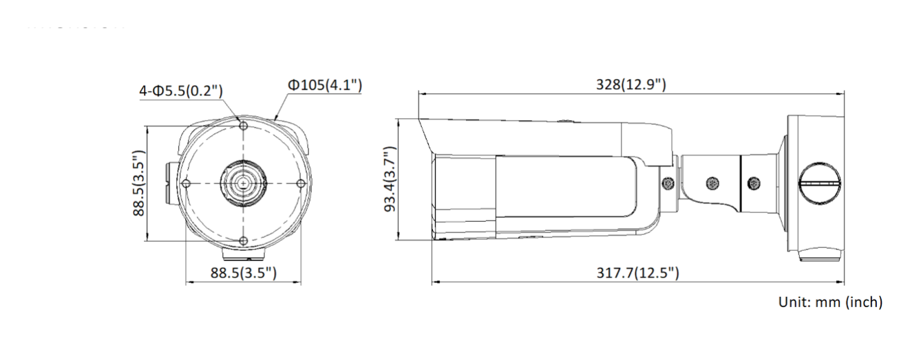 DS-2CD3656G2T-IZSY-C 外形尺寸圖 Ø 105 mm × 328 mm (Ø 4.1" × 12.9")｜重量 Approx. 1330 g (2.9 lb.)｜Unit: mm