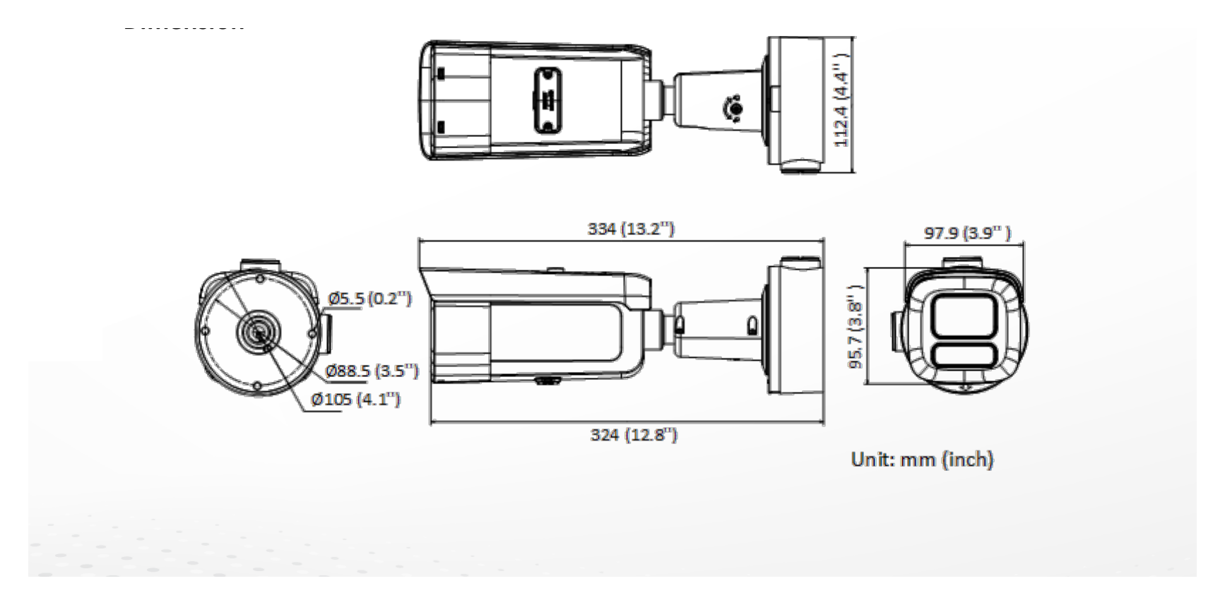 DS-2CD3666G2HT-LIZSY 外形尺寸圖 334 mm × 97.9 mm × 95.7 mm (13.2" × 3.9" × 3.8")｜重量 Approx. 1515 g (3.3 lb.)｜Unit: mm