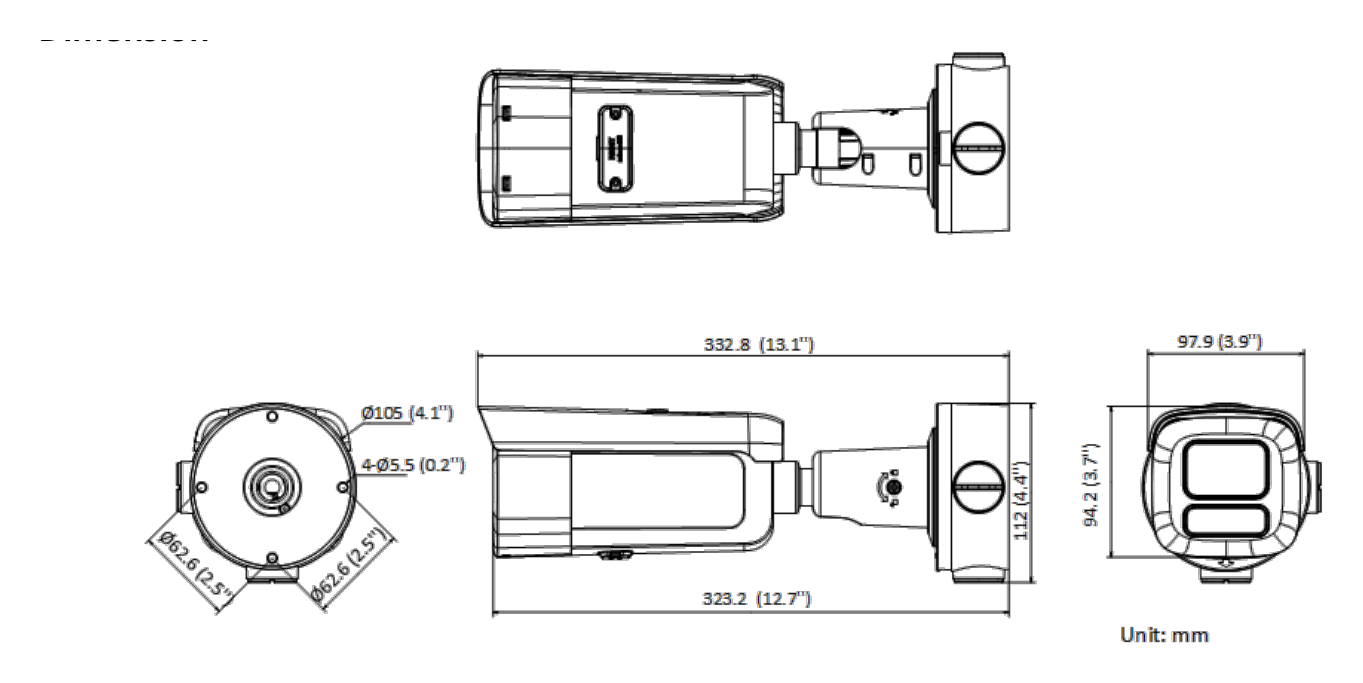 DS-2CD3666G2T-IZS 外形尺寸圖 Ø 105 mm × 332.8 mm (Ø 4.1" × 13.1")｜重量 Approx. 1475 g (2.9 lb.)｜Unit: mm