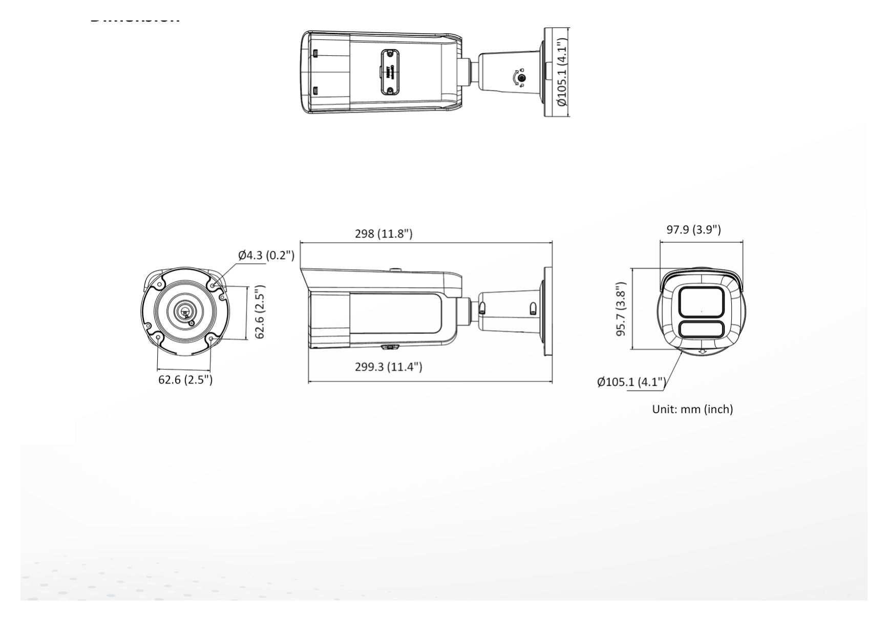 DS-2CD3666G3T-LIZSUY 外形尺寸圖 298 mm × 97.9 mm × 95.7 mm (11.8" × 3.9" × 3.8")｜重量 Approx. 1520 g (3, 4 lb.)｜Unit: mm