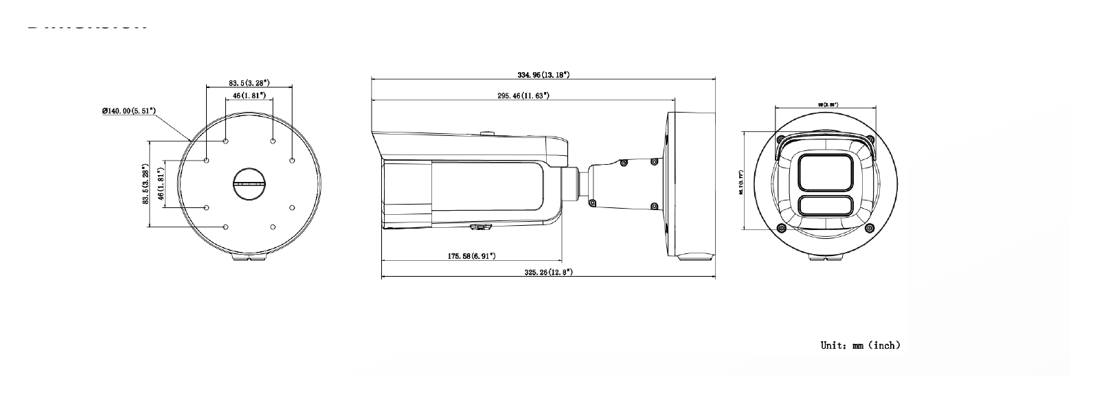 DS-2CD3667G3-LIZSUY 外形尺寸圖 335 mm × 140 mm × 140 mm (13.18" × 5.51" × 5.51")｜重量 Approx. 1555 g (3.4 lb.)｜Unit: mm