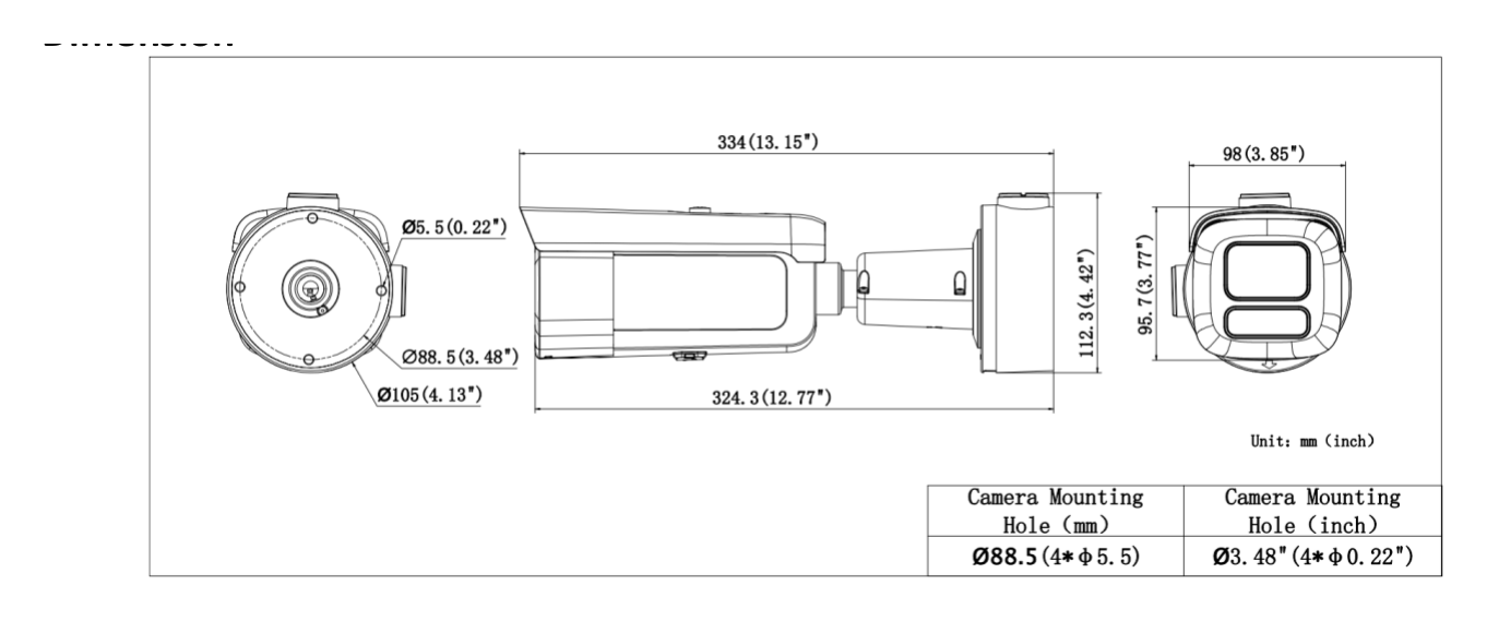 DS-2CD3667G3T-LIZSUY 外形尺寸圖 334 mm × 112 mm × 112 mm (13.15" × 4.42" × 4.42")｜重量 Approx. 1520 g (3, 4 lb.)｜Unit: mm