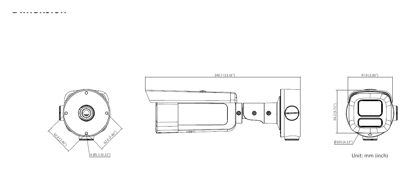 DS-2CD3686G2T-IZS(Y)(Saudi 外形尺寸圖 Ø 105 mm × 340.7 mm (Ø 4.1