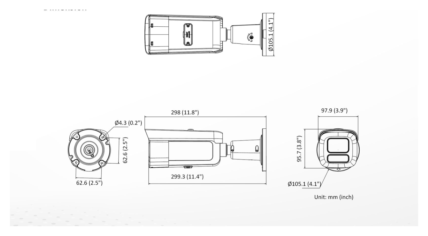 DS-2CD3686G3-LIZSUY 外形尺寸圖 298 mm × 97.9 mm × 95.7 mm (11.8" × 3.9" × 3.8")｜重量 Approx. 1555 g (3.4 lb.)｜Unit: mm