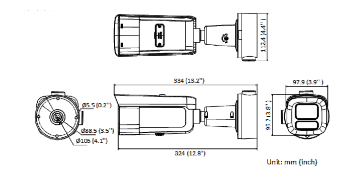 DS-2CD3687G2T-LZS 外形尺寸圖 334 mm × 97.9 mm × 95.7 mm (13.2" × 3.9" × 3.8")｜重量 Approx. 1475 g (3.25 lb.)｜Unit: mm