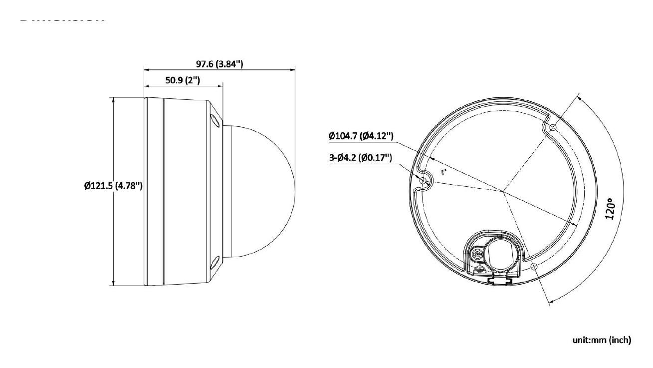 DS-2CD3721G2-IZS 外形尺寸圖 Ø 121.5 mm × 97.6 mm (Ø 4.78" × 3.84")｜重量 Approx. 885 g (1.95 lb.)｜Unit: mm