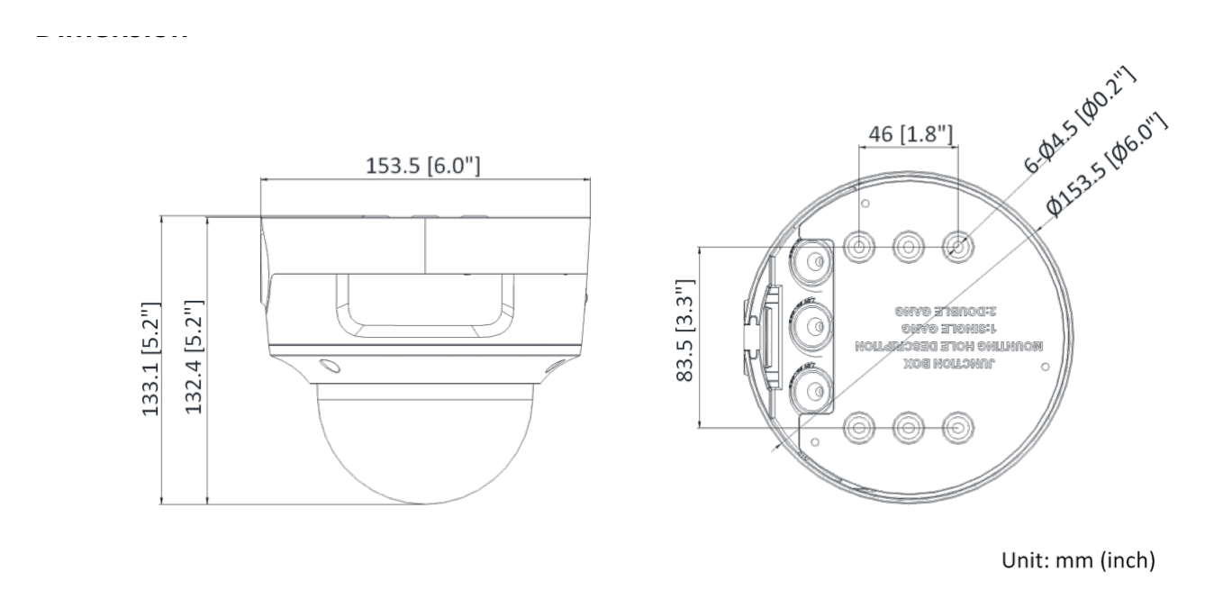 DS-2CD3726G2-IZS-C 外形尺寸圖 Ø 153.5 mm × 133.1 mm (Ø 6.0" × 5.2")｜重量 Approx. 1105 g (1.8 lb.)｜Unit: mm