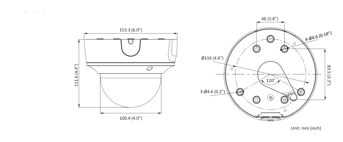DS-2CD3726G2T-IZS-C 外形尺寸圖 Ø 153.3 mm × 111.6 mm (Ø 6.0" × 4.4")｜重量 Approx. 895 g (1.9 lb.)｜Unit: mm