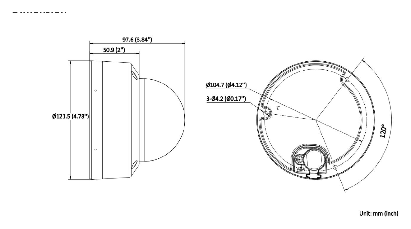 DS-2CD3741G2-LIZS 外形尺寸圖 Ø 121.5 mm × 97.6 mm (Ø 4.78" × 3.84")｜重量 Approx. 600 g (1.3 lb.)｜Unit: mm