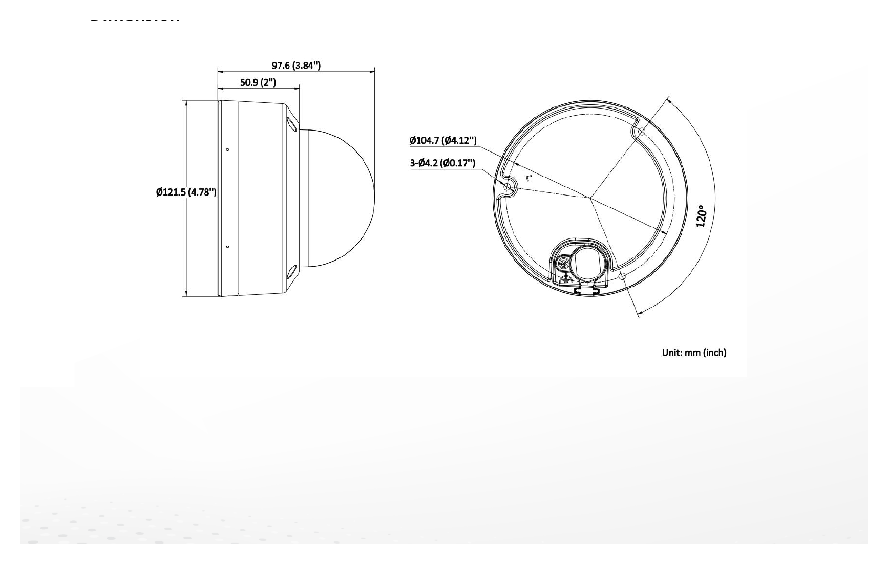 DS-2CD3743G2-IZSU-B 外形尺寸圖 Ø 121.5 mm × 97.6 mm (Ø 4.8" × 3.8")｜重量 Approx. 600 g (2.0 lb.)｜Unit: mm