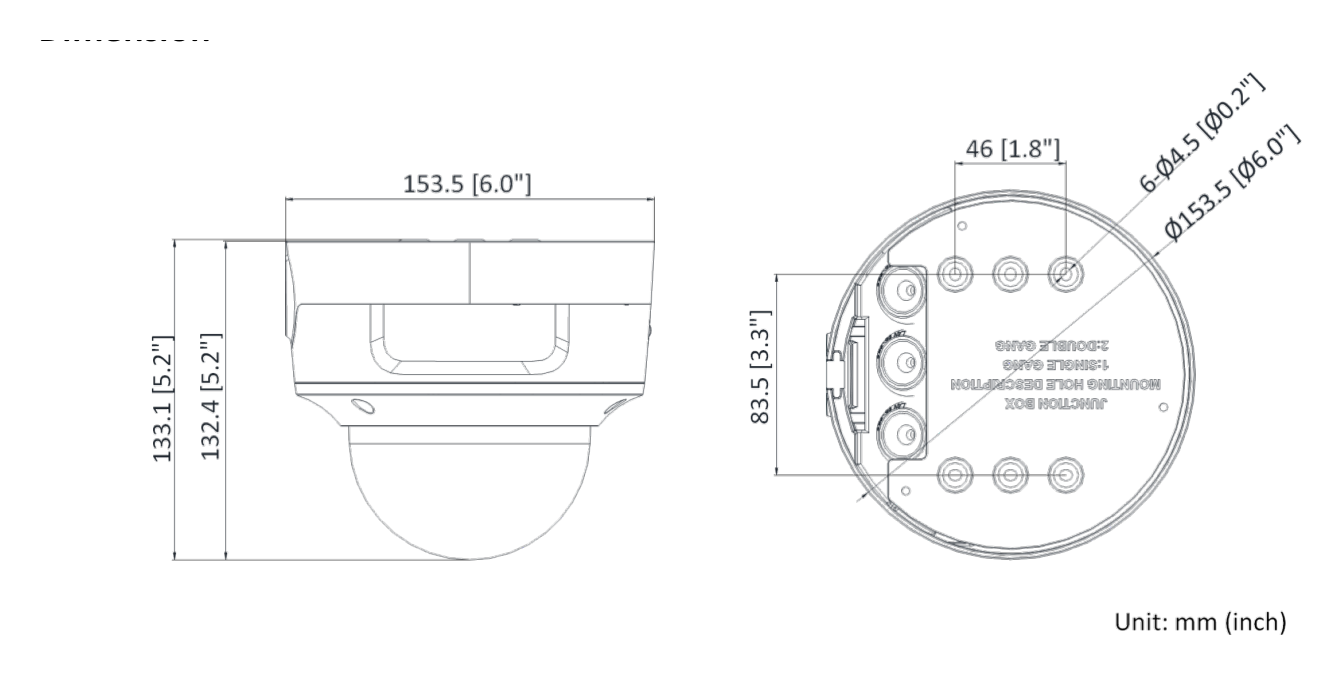 DS-2CD3746G2-IZS-H 外形尺寸圖 Ø 153.5 mm × 133.1 mm (Ø 6.0" × 5.2")｜重量 Approx. 865 g (1.9 lb.)｜Unit: mm