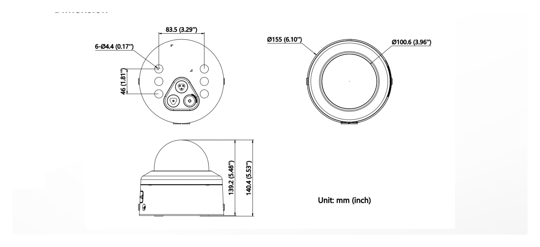 DS-2CD3746G2H-LIZSUYPTRZ 外形尺寸圖 Ø 155 mm × 140.4 mm (Ø 6.10" × 5.53")｜重量 Approx. 820 g (1.8 lb.)｜Unit: mm