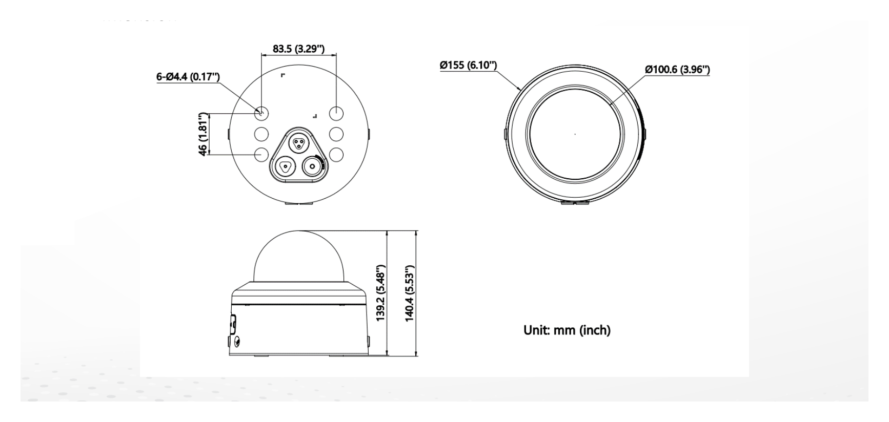 DS-2CD3746G2HT-LIZSUYPTRZ 外形尺寸圖 Ø 155 mm × 140.4 mm (Ø 6.10" × 5.53")｜重量 Approx. 820 g (1.8 lb.)｜Unit: mm