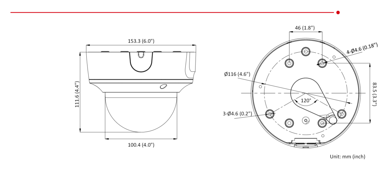 DS-2CD3746G2T-IZS 外形尺寸圖 Ø 153.3 mm × 111.6 mm (Ø 6.0" × 4.4")｜重量 Approx. 910 g (2.0 lb.)｜Unit: mm