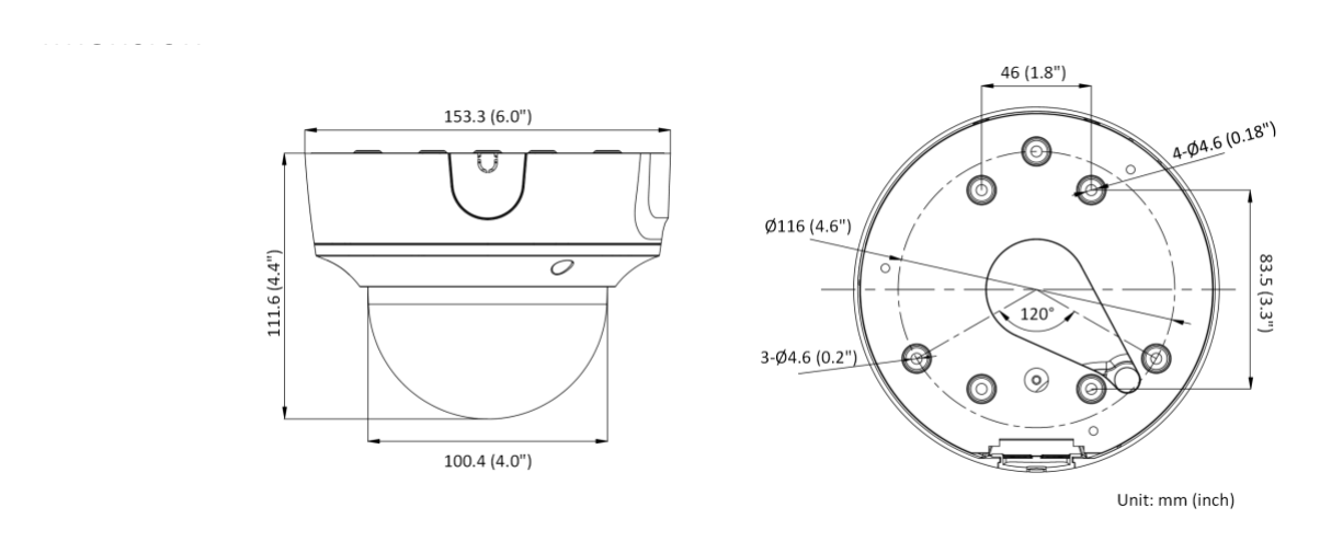 DS-2CD3746G2T-IZSY-H 外形尺寸圖 Ø 153.3 mm × 111.6 mm (Ø 6.0" × 4.4")｜重量 Approx. 910 g (2.0 lb.)｜Unit: mm
