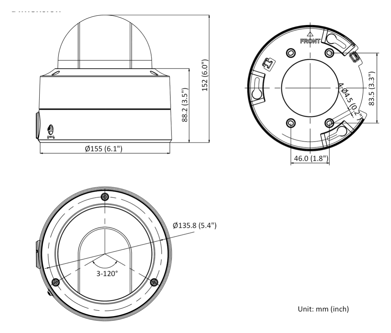 DS-2CD3747G2-LZSU-C 外形尺寸圖 Ø 155 mm × 152 mm (Ø 6.1" × 6.0")｜重量 Approx. 1520 g (3.4 lb.)｜Unit: mm