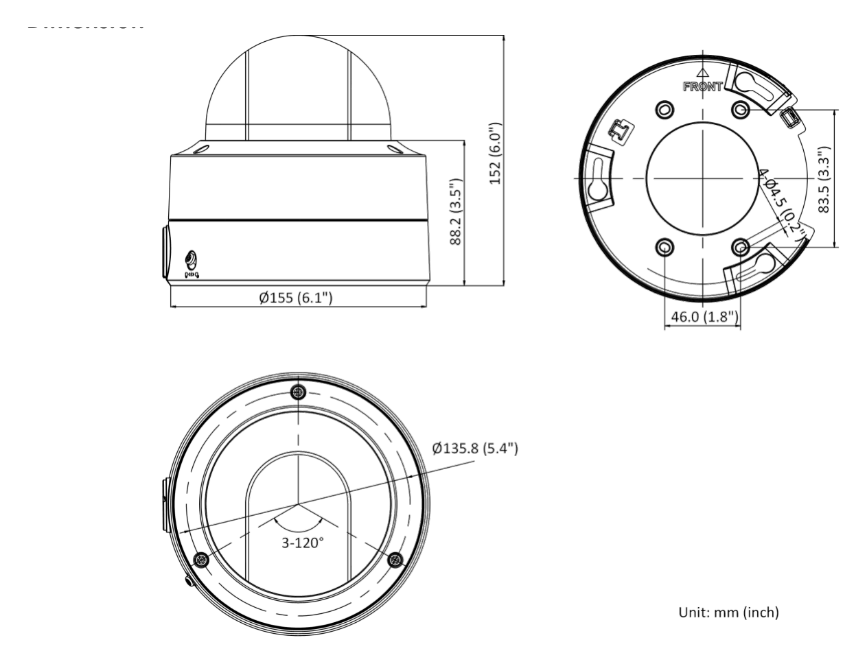 DS-2CD3747G2T-LZSU 外形尺寸圖 Ø 155 mm × 152 mm (Ø 6.1" × 6.0")｜重量 Approx. 1600 g (3.4 lb.)｜Unit: mm