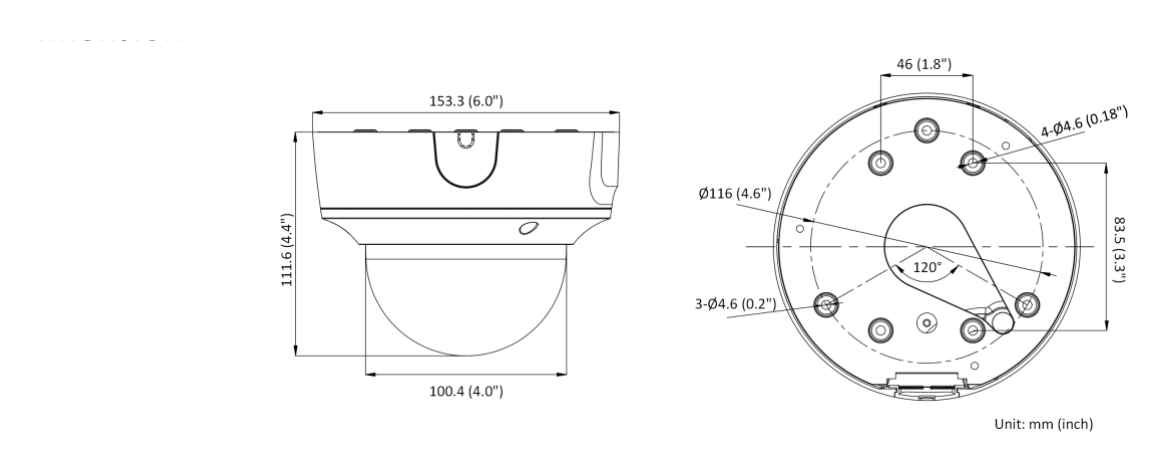 DS-2CD3756G2T-IZS-C 外形尺寸圖 Ø 153.3 mm × 111.6 mm (6.0" × 4.4")｜重量 Approx. 885 g (1.9 lb.)｜Unit: mm