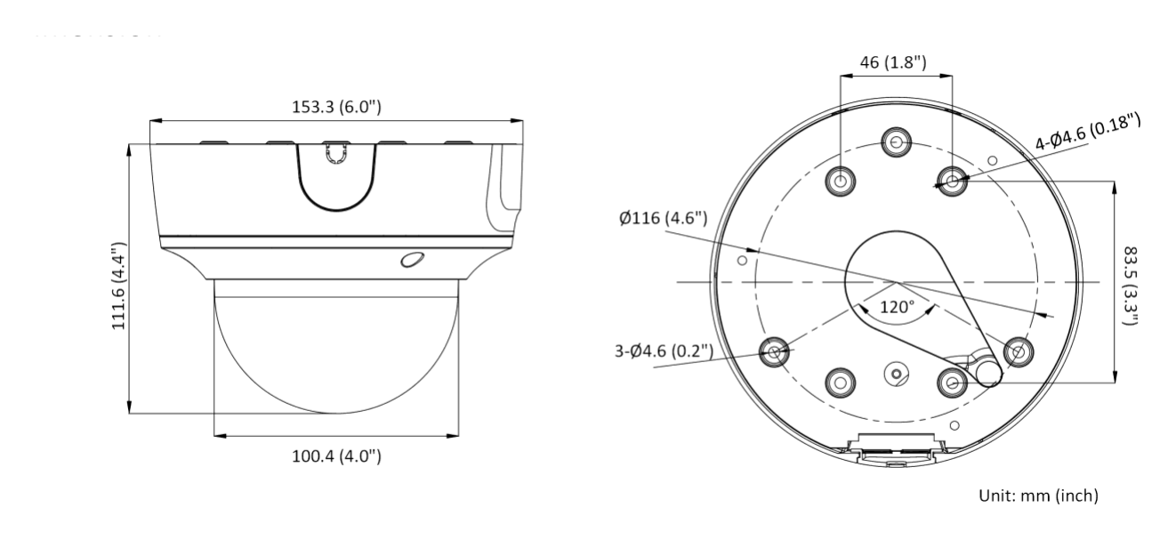 DS-2CD3756G2T-IZSY-C 外形尺寸圖 Ø 153.3 mm × 111.6 mm (Ø 6.0" × 4.4")｜重量 Approx. 885 g (1.9 lb.)｜Unit: mm