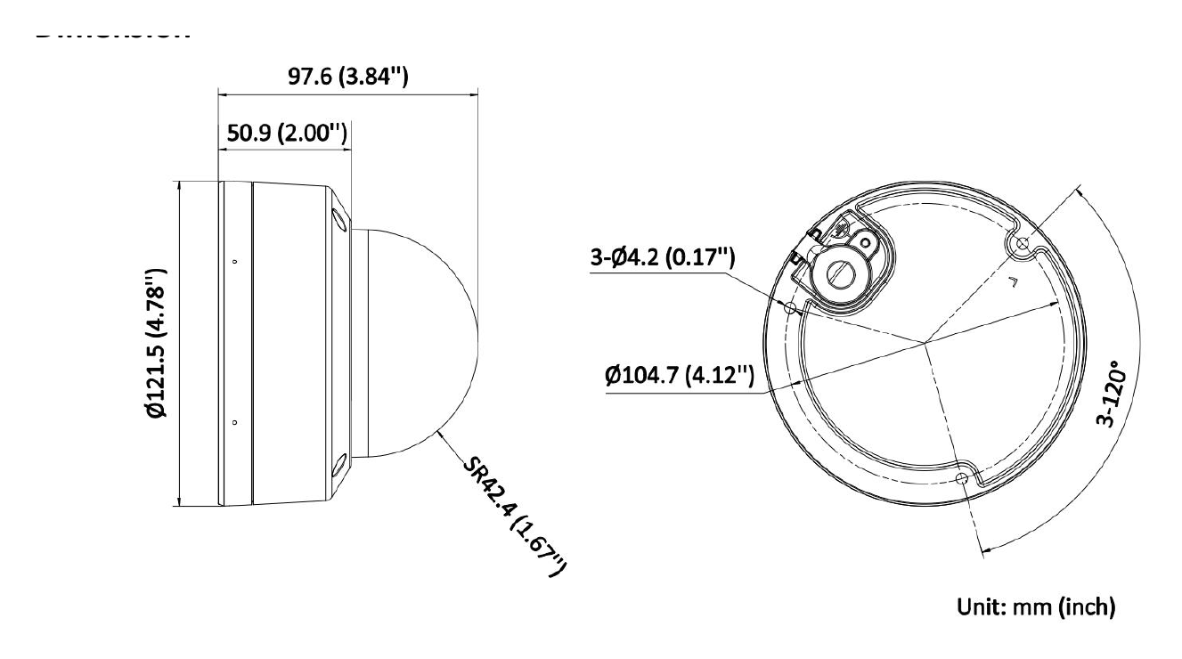 DS-2CD3761G2-LIZSU 外形尺寸圖 Ø 121.5 mm × 97.6 mm (Ø 4.78" × 3.84")｜重量 Approx. 540 g (1.2 lb.)｜Unit: mm