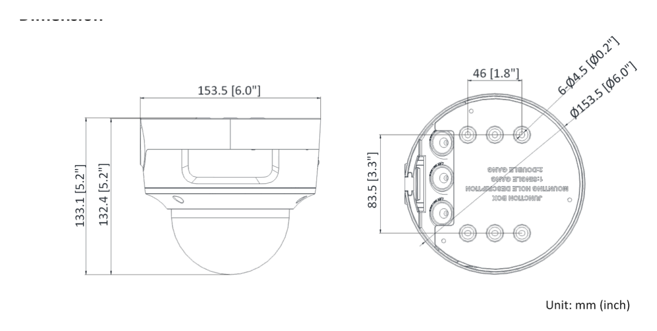 DS-2CD3766G2-IZS-H 外形尺寸圖 Ø 153.5 mm × 133.1 mm (Ø 6.0" × 5.2")｜重量 Approx. 875 g (1.9 lb.)｜Unit: mm