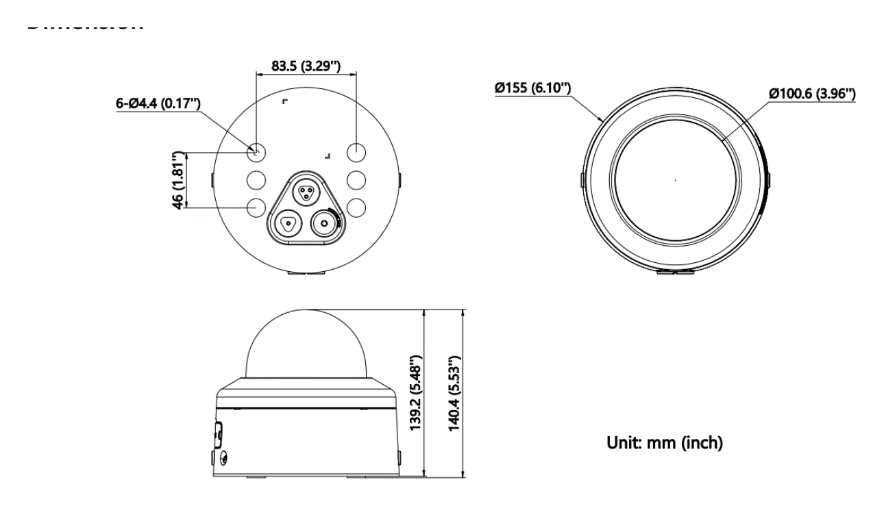 DS-2CD3766G2HT-LIZSUYPTRZ 外形尺寸圖 Ø 155 mm × 140.4 mm (Ø 6.10" × 5.53")｜重量 Approx. 835 g (1.8 lb.)｜Unit: mm