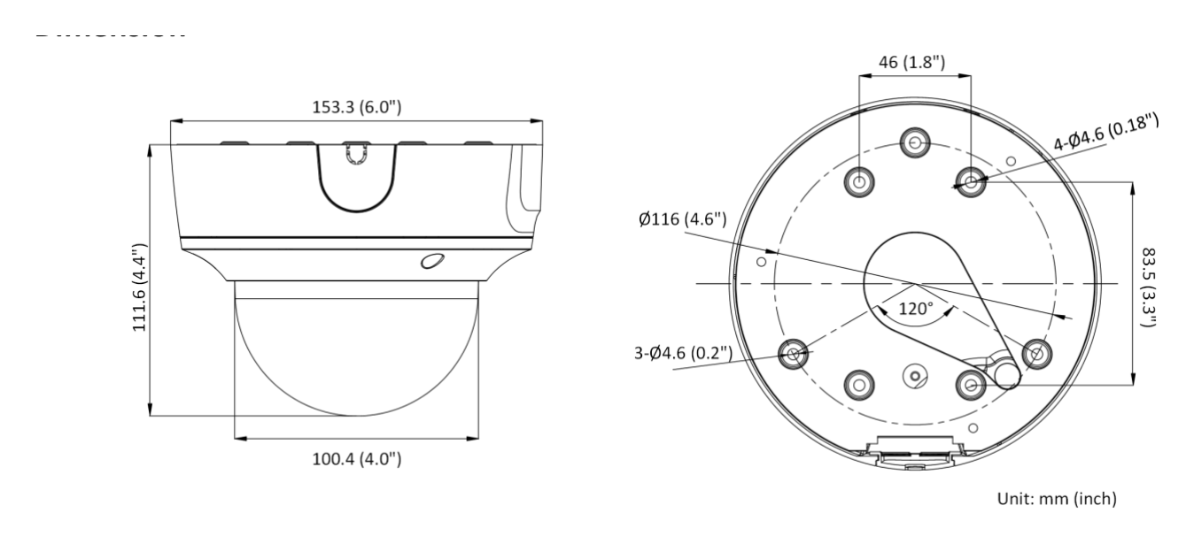 DS-2CD3766G2T-IZSY-H 外形尺寸圖 Ø 153.3 mm × 111.6 mm (Ø 6.0" × 4.4")｜重量 Approx. 895 g (2.0 lb.)｜Unit: mm