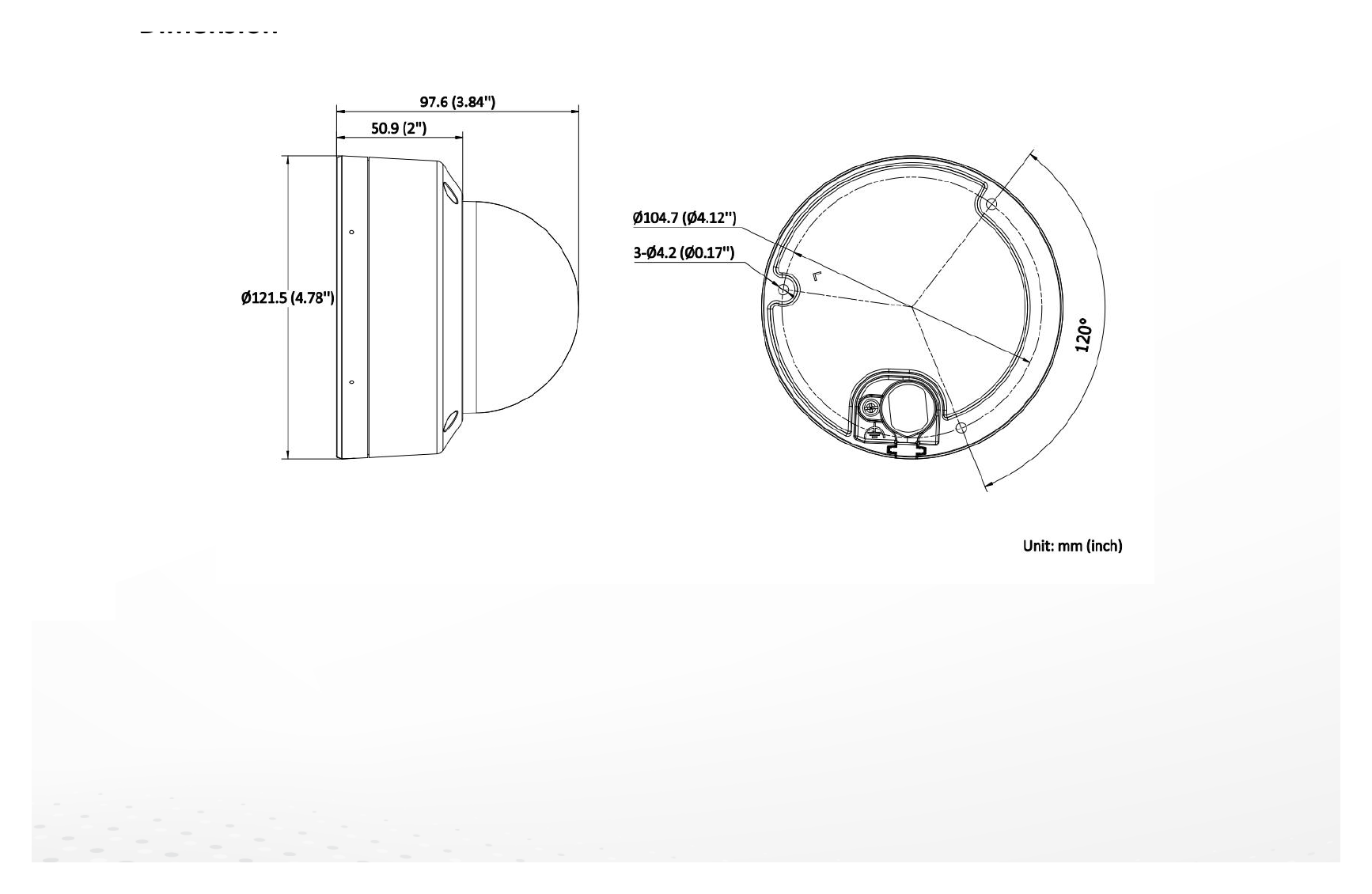 DS-2CD3783G2-LIZSUSAUDI 外形尺寸圖 Ø 121.5 mm × 97.6 mm (Ø 4.8" × 3.8")｜重量 Approx. 650 g (1.4 lb.)｜Unit: mm