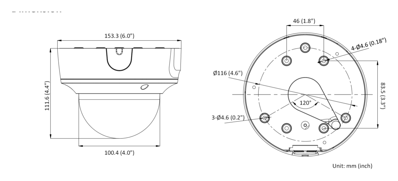 DS-2CD3786G2T-IZS 外形尺寸圖 Ø 153.3 mm × 111.6 mm (Ø 6.0" × 4.4")｜重量 Approx. 870 g (1.9 lb.)｜Unit: mm