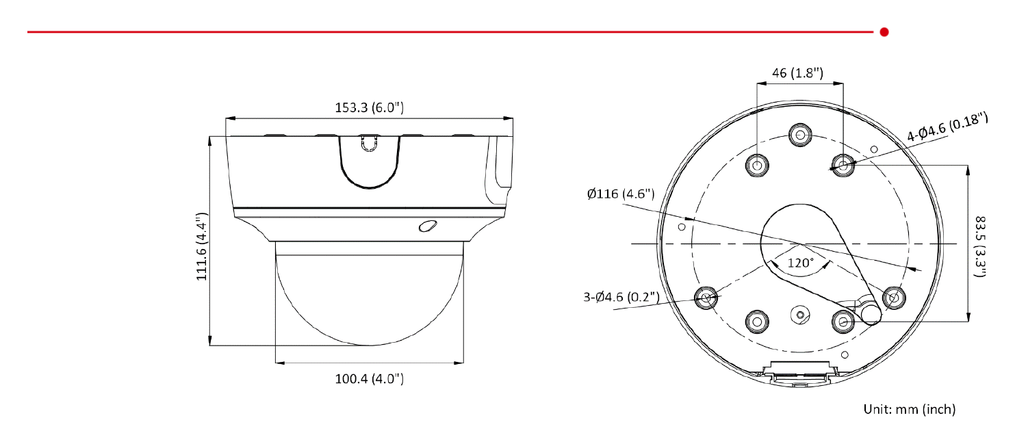 DS-2CD3786G2T-IZSY-H 外形尺寸圖 Ø 153.3 mm × 111.6 mm (Ø 6.0" × 4.4")｜重量 Approx. 870 g (1.9 lb.)｜Unit: mm