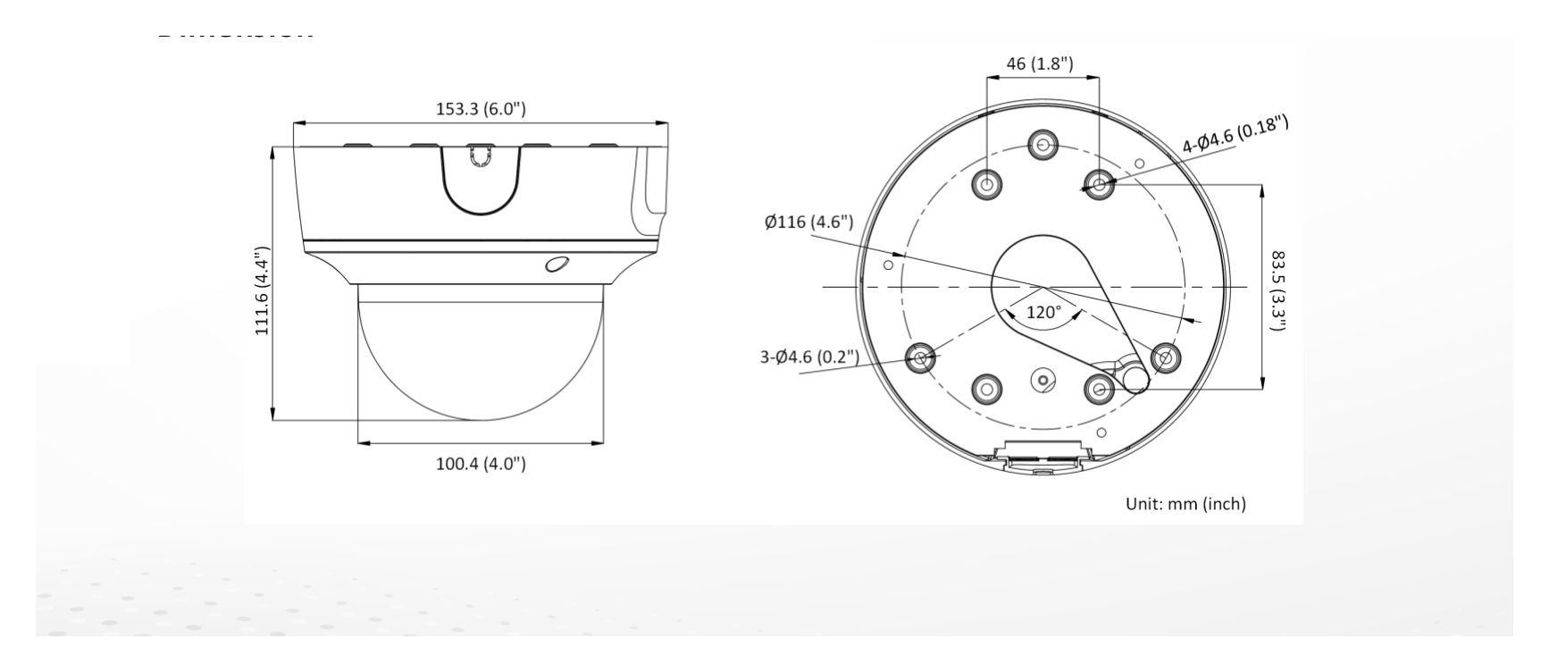 DS-2CD3786G2T-IZSYSAUDI 外形尺寸圖 Ø 153.3 mm × 111.6 mm (Ø 6.0" × 4.4")｜重量 Approx. 870 g (1.9 lb.)｜Unit: mm