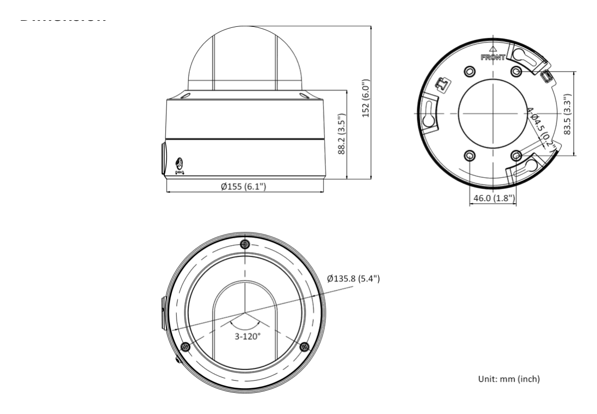 DS-2CD3787G2T-LZSU 外形尺寸圖 Ø 155 mm × 152 mm (Ø 6.1" × 6.0")｜重量 Approx. 1530 g (3.4 lb.)｜Unit: mm