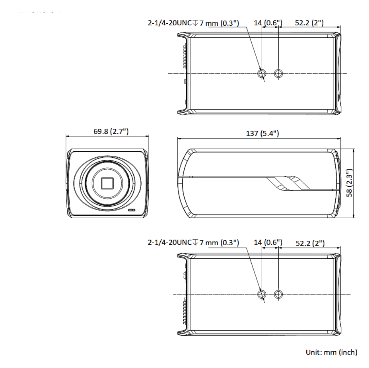 DS-2CD3843G0-AP 外形尺寸圖 69.8 mm × 58 mm × 137 mm (2.7" × 2.3" × 5.4")｜重量 Approx. 585 g (1.3 lb.)｜Unit: mm
