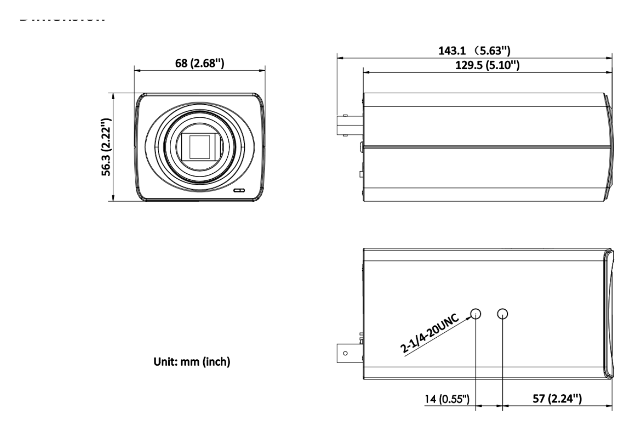 DS-2CD3843G2-AP 外形尺寸圖 68 mm × 56.3 mm × 143.1 mm (2.7" × 2.2" × 5.6")｜重量 Approx. 600 g (1.4 lb.)｜Unit: mm