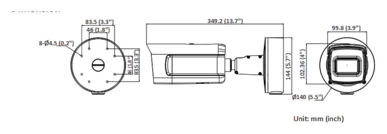 DS-2CD3A26G2T-IZS 外形尺寸圖 144 mm × 140 mm × 349.2 mm (5.7" × 5.5" × 13.7")｜重量 Approx. 1835 g (4.1 lb.)｜Unit: mm